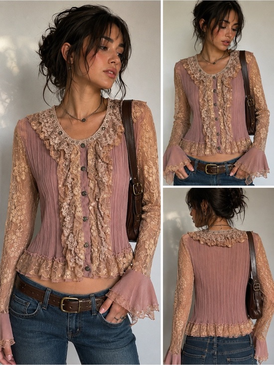 Pretty Angel Tops - Vintage-Inspired Pink Lace Ruffle Button-Front Top